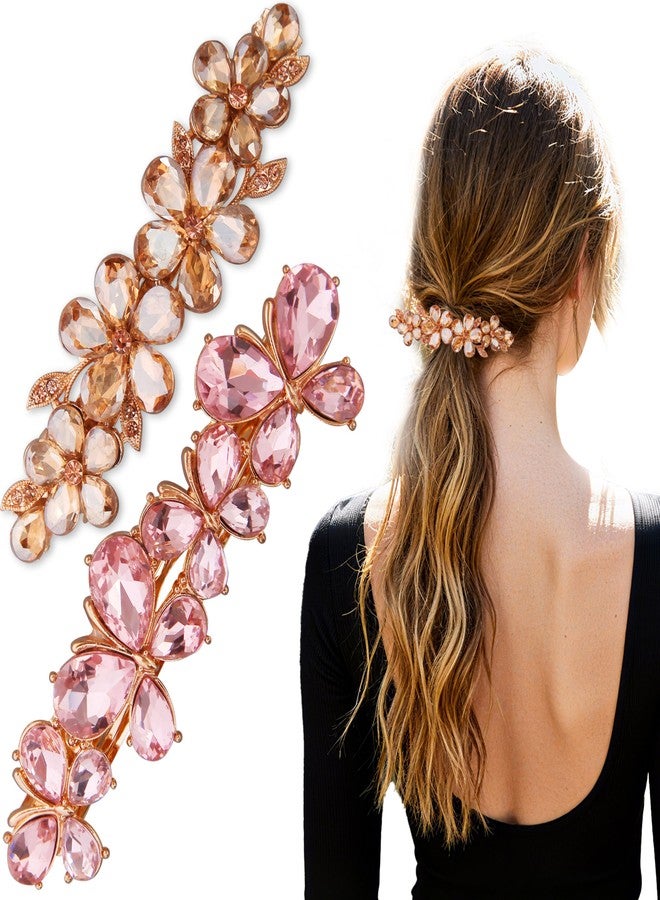 HLTOO 2PCS Rhinestone Hair Clips, Flower and Butterfly Bridal Hair Accessories, Sparkly Hair Barrettes for Wedding Women and Girls Long Hair, Champagne and Pink Color - Image 1